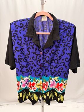 Karibo Vintage 90s Bold Floral Hawaiian Print Blouse Size 16 Made in USA